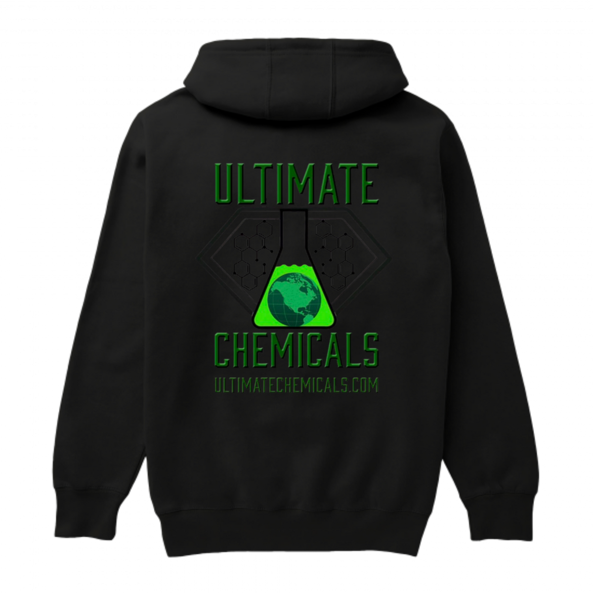 Black Ultimate Chemicals chest-logo hoodie back view