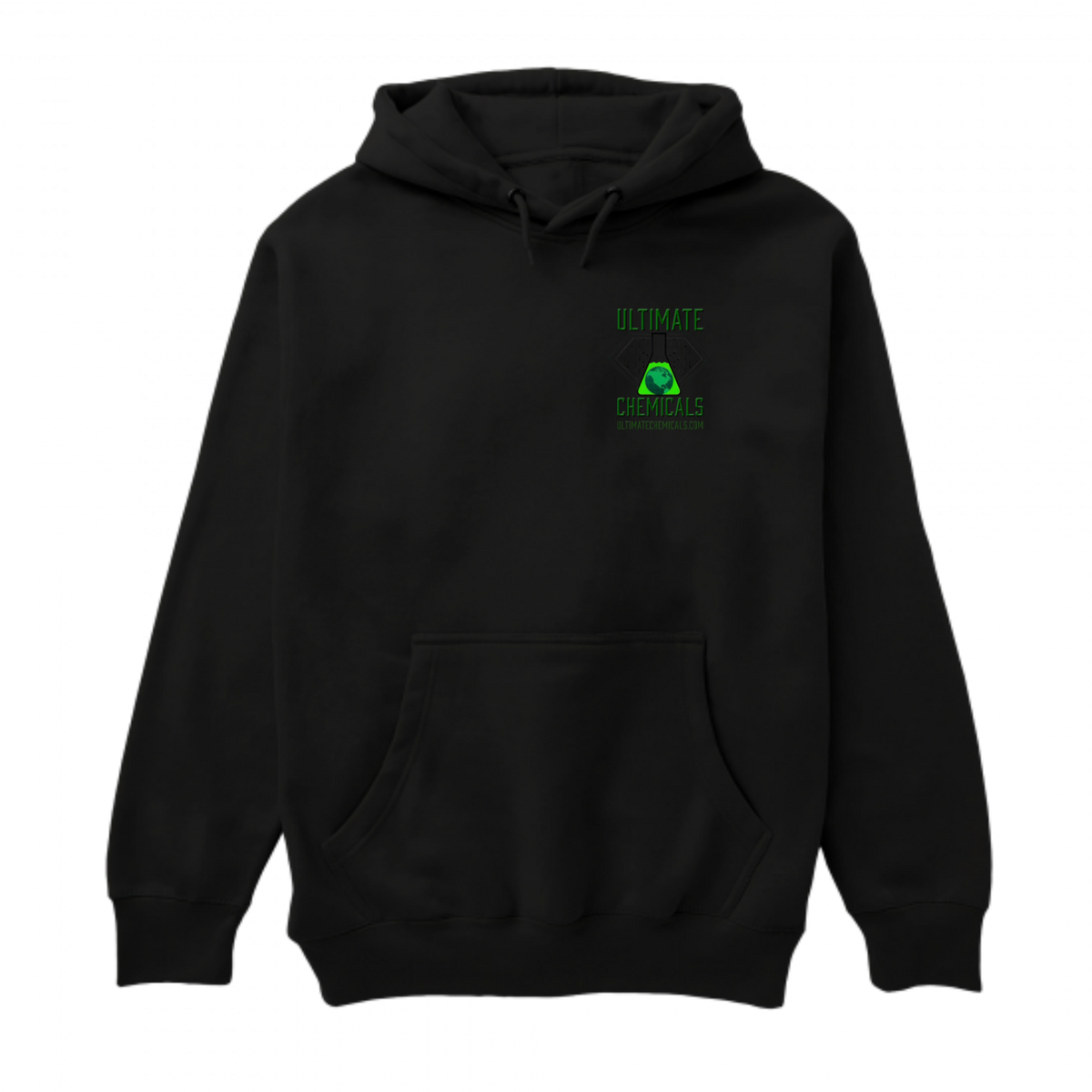 Black Ultimate Chemicals chest-logo hoodie front view