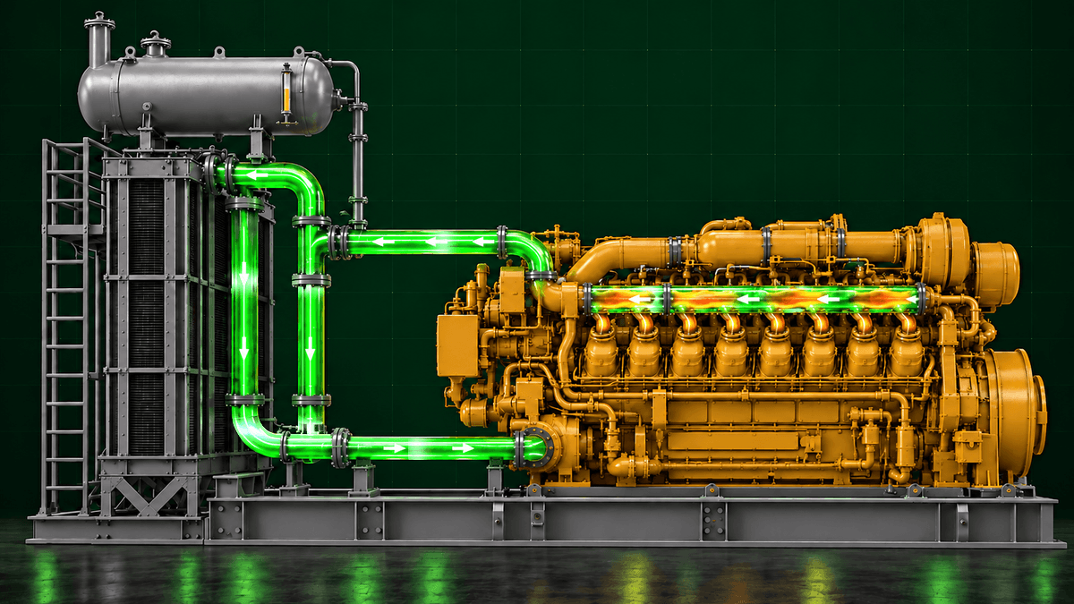 Animated Caterpillar 3516 jacket-water cooling circuit showing coolant flow between the engine, cooler and surge tank