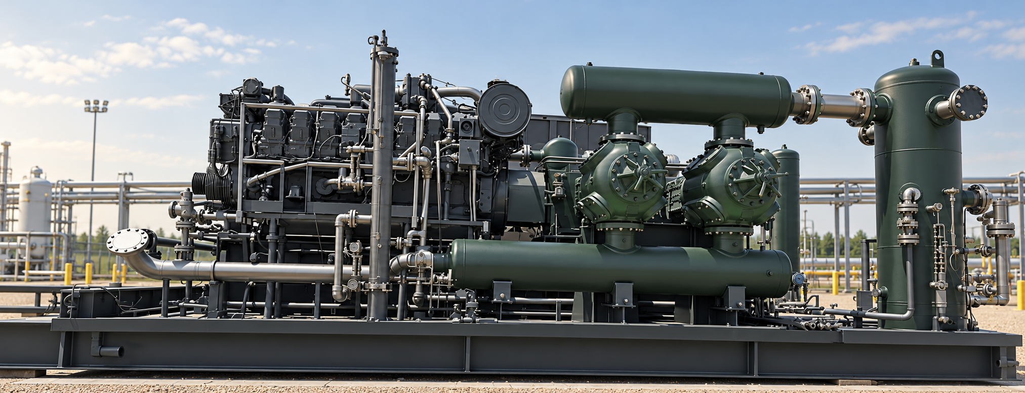 Natural-gas compression package showing the engine, compressor cylinders, piping, vessels and skid