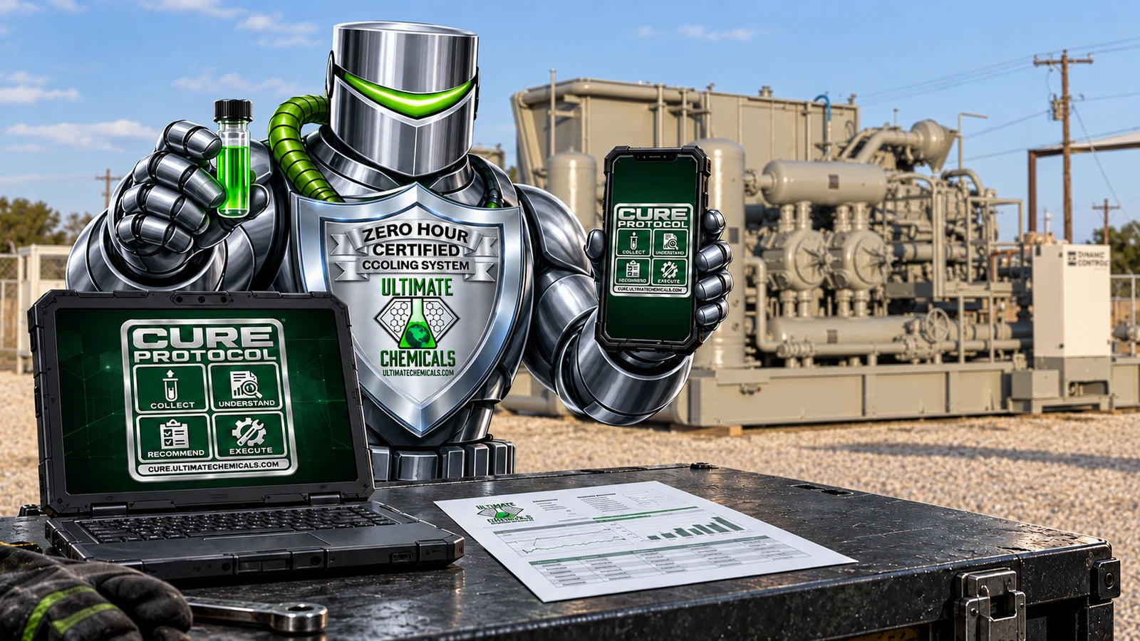 Ultimate Chemicals Enforcer holding a coolant sample with the CURE Protocol on connected devices at a natural-gas compressor site