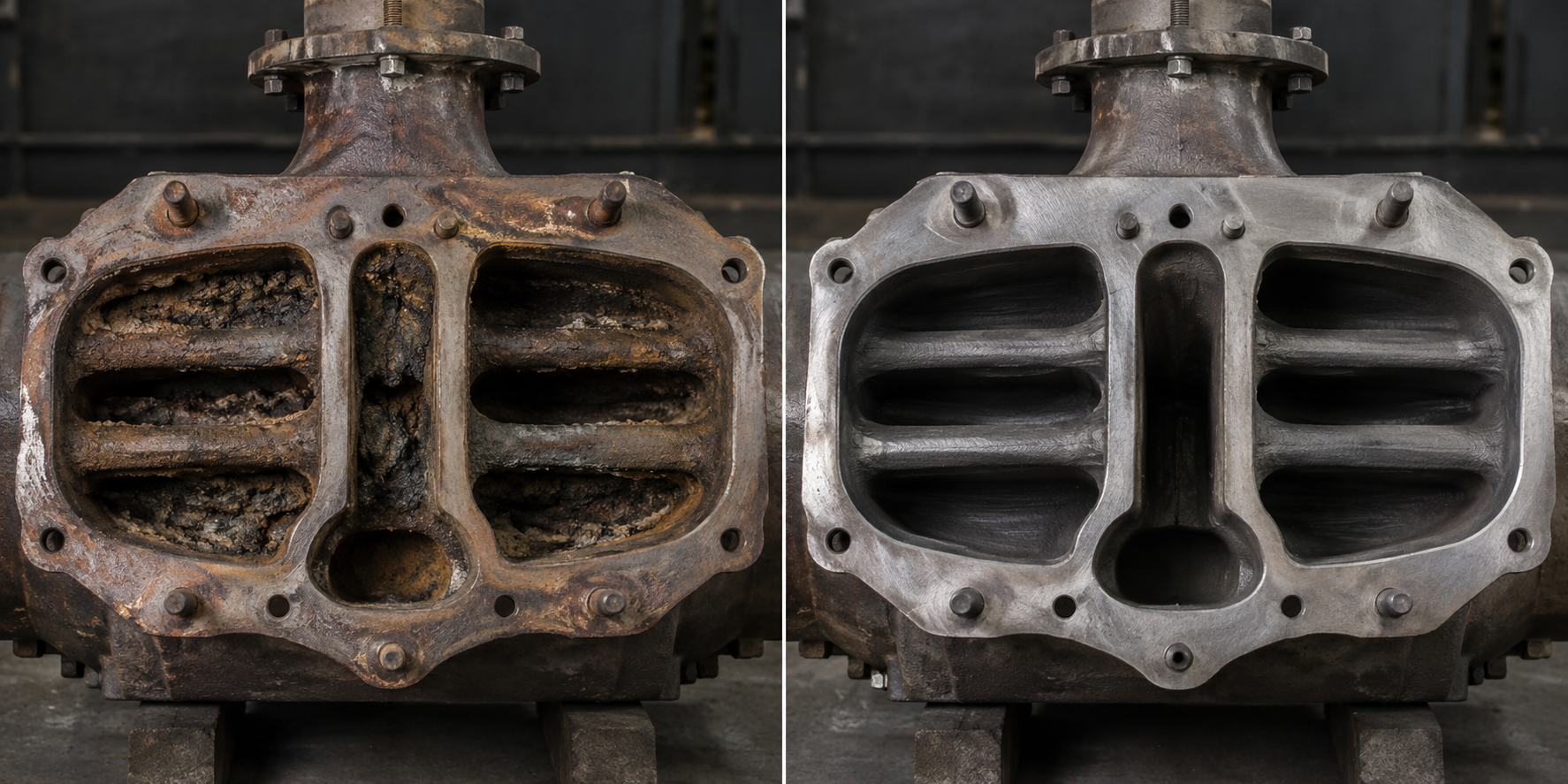 Matched wet exhaust manifold before restoration with restricted passages and after restoration with clean open passages